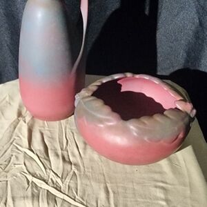 Pink and Gray Ceramic Vase and Bowl Set